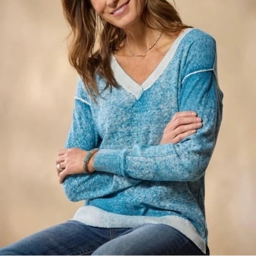 SUNDANCE Samantha V-Neck Sweater Blue Reversible Cotton Pullover Knit‎ Medium